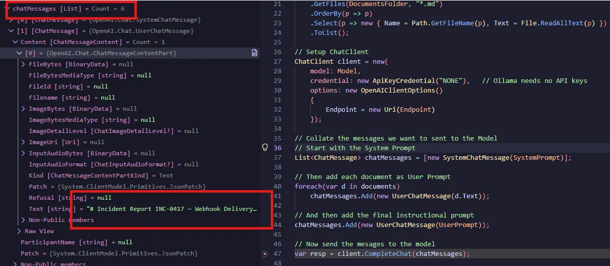 Debugger view showing the INC-0417 incident report present in the chat messages sent to the model