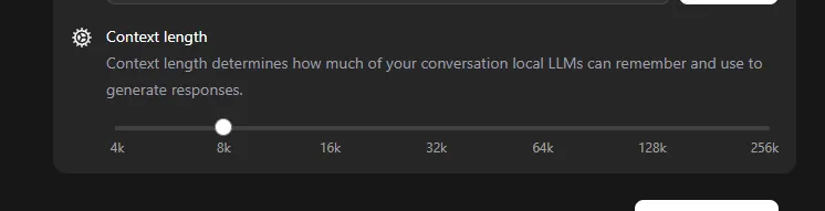 Ollama context length slider set to 8k tokens